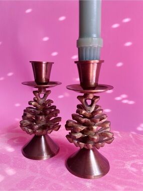 Vintage Pair Of Solid Heavy Brass Pinecone Candle Holders In Perfect Condition